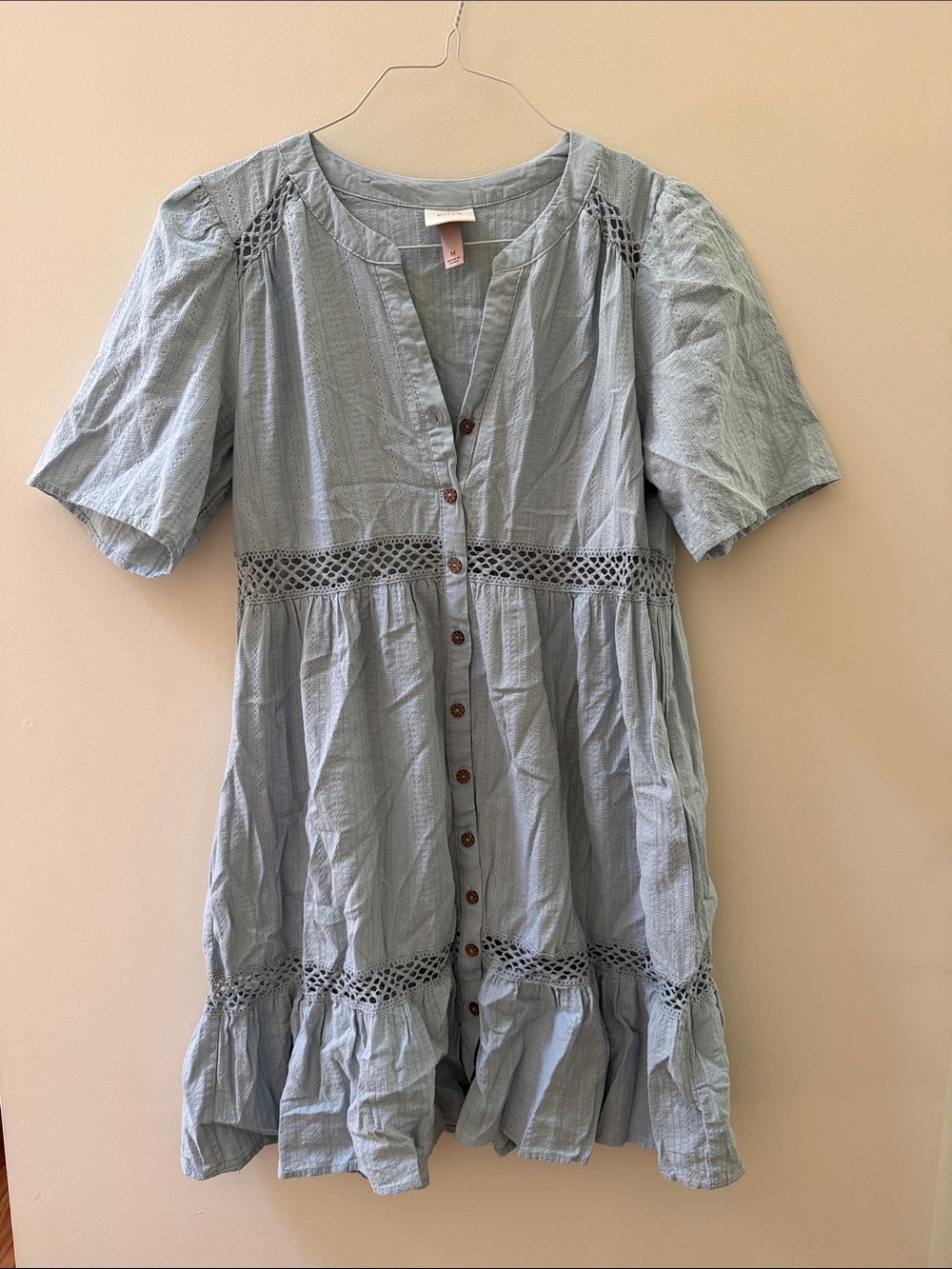 Knox Rose Pale Blue Button-Front Crochet-Trim Casual Dress